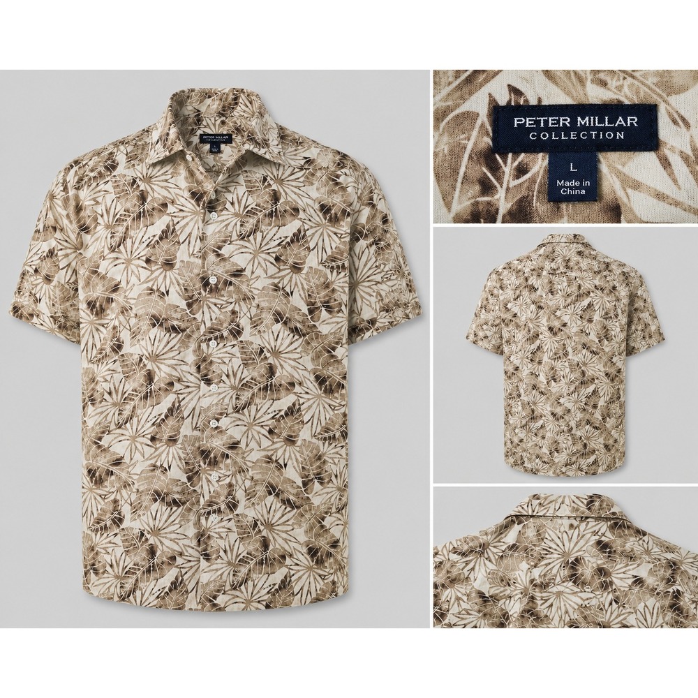 Peter Millar Button Up Mens Large Beige Linen Crown Crafted Palm MS23XW10SUX